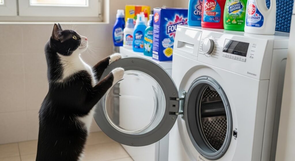 洗剤を選ぶ白黒猫（猫毛対策）