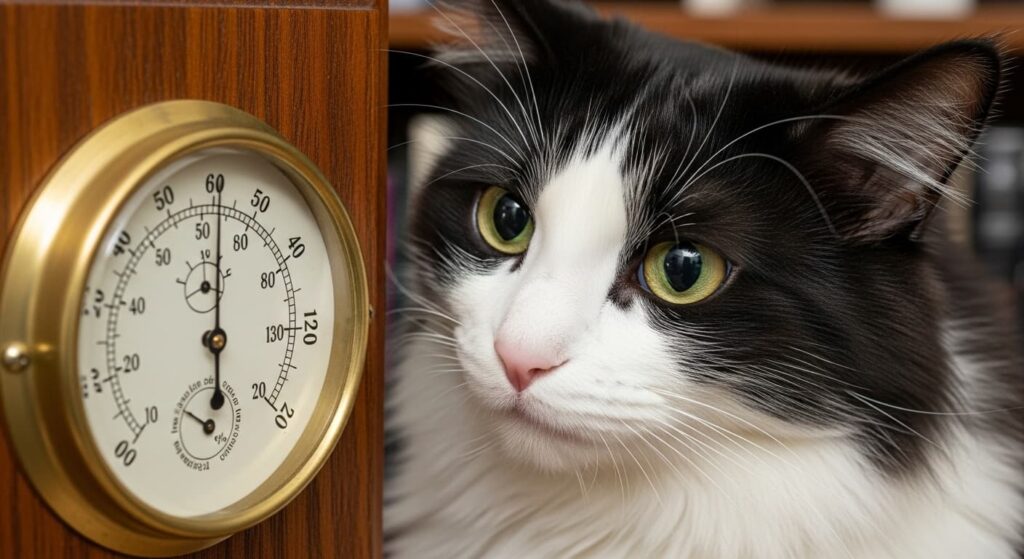 湿度計を見る白黒猫（静電気対策）