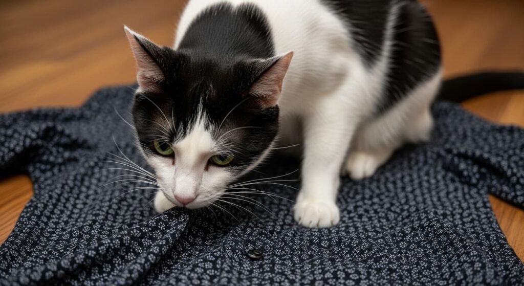 柄シャツで猫毛を確認する白黒猫