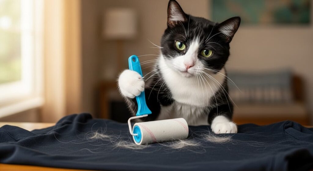 洗濯前にコロコロで猫毛を取る白黒猫