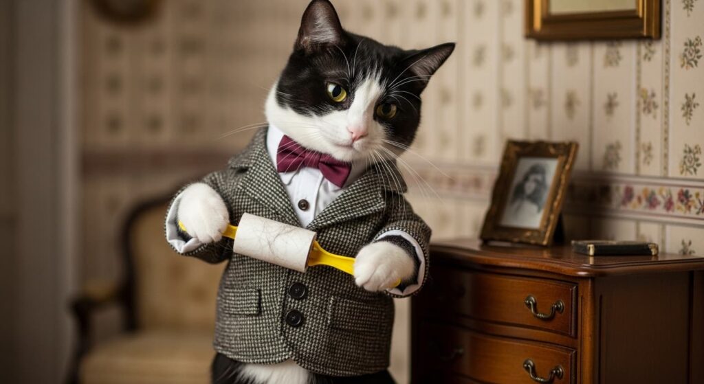 外出前にコロコロで猫毛を取る白黒猫